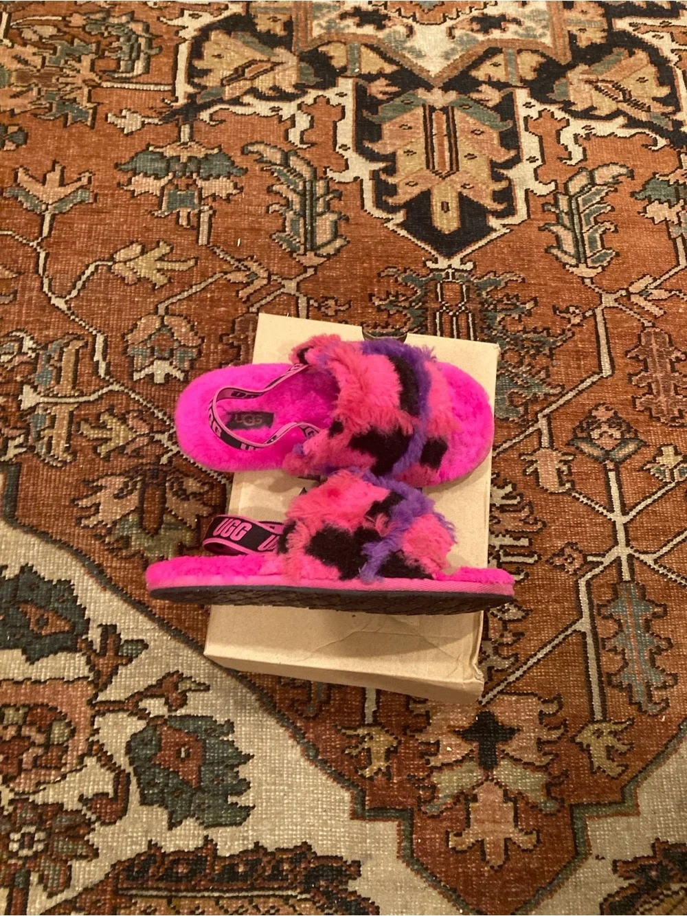 UGG Kids Fuzzy Slide Sandals in Hot Pink and Purple